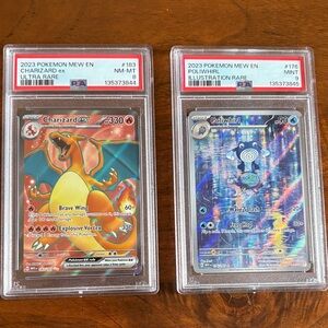Charizard EX PSA 8 and Poliwhirl PSA 9 Pokemon Cards